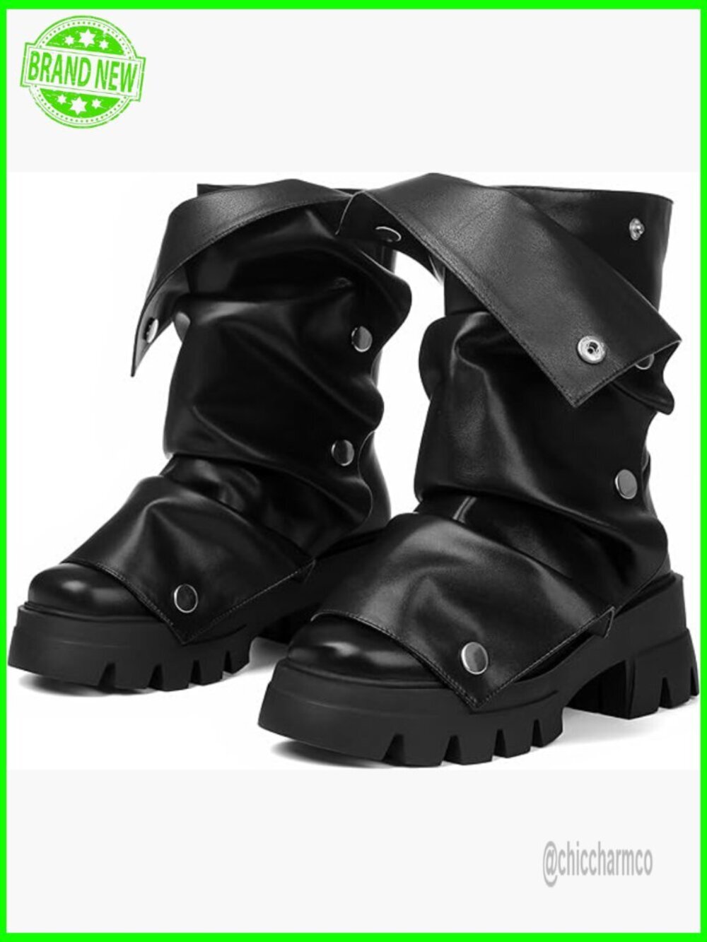 Fold Over Platform Boots Mid Calf Chunky Heel Punk Combat Motorcycle Boots